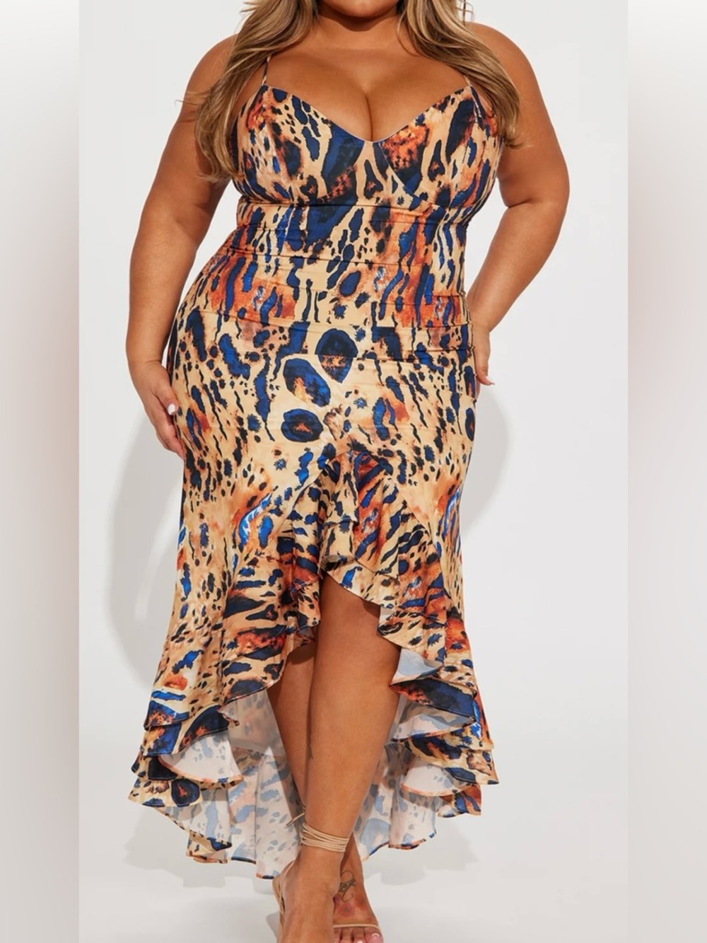 Plus Size Fashion Nova Leopard Print Ruffle Hem Dress – Blue & Tan 3x 22/24